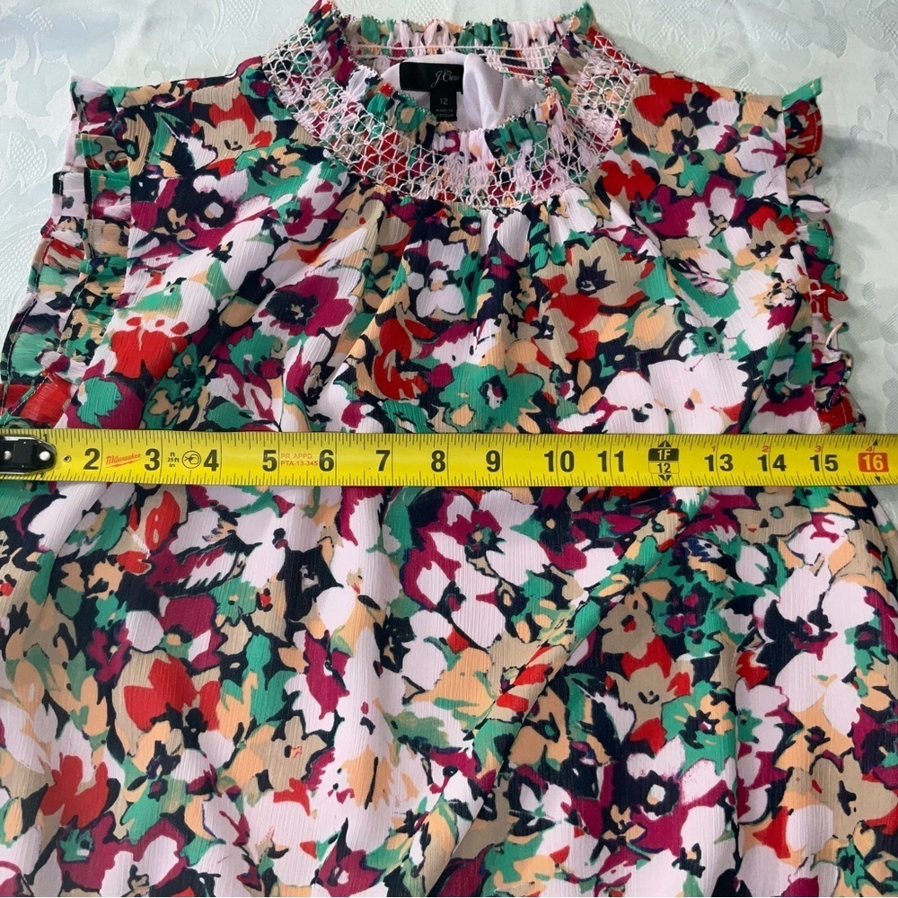 J.CREW Red Floral Print Ruffle Neck Top Women Size 12 Sleeveless - Picture 5 of 9